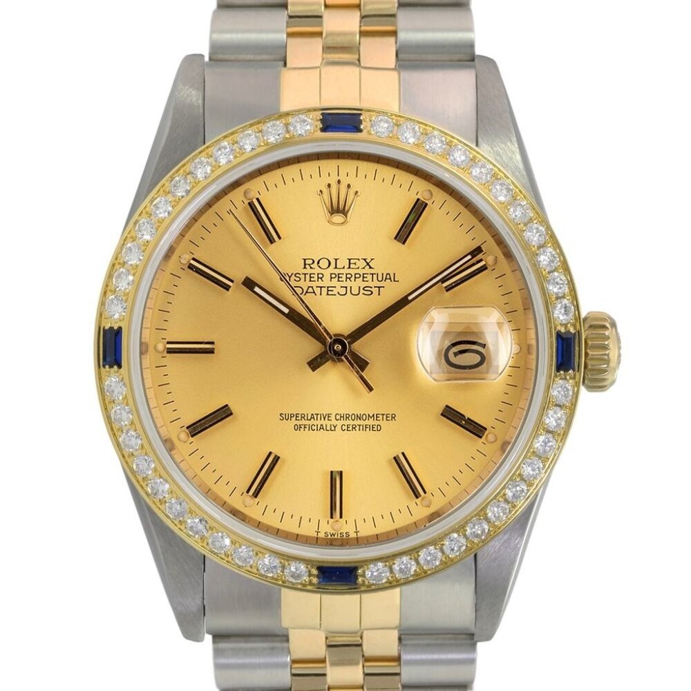 ROLEX DATEJUST CHAMPAGNE INDEX DIAL DIAMOND-SAPPHIRE JUBILEE TWOTONE WATCH 16233